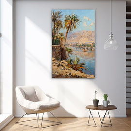 Oil painting of date palms along a sunlit riverbank with a sandy town