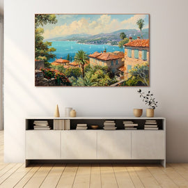 Mediterranean hillside village with terracotta roofs above a turquoise bay