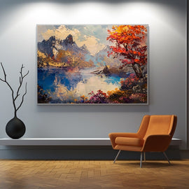 Impasto oil painting of snow-capped mountains, a blue lake and a red autumn tree