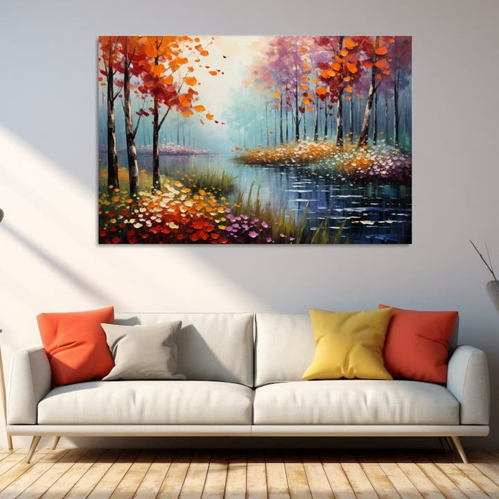 Palette-knife painting of fiery autumn trees beside a still pond