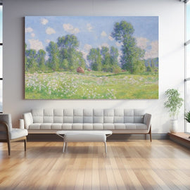 Monet-style painting of a sunlit spring meadow with wildflowers and tall poplars under a blue sky