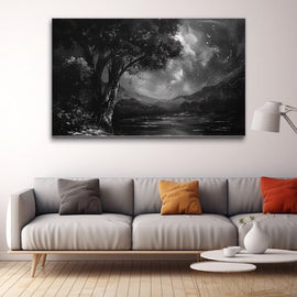 Monochrome night painting of an old tree over a moonlit mountain lake