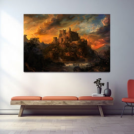 Medieval castle on a wooded crag beneath a fiery sunset sky