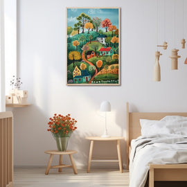 Naive folk-art countryside with rolling hills, autumn trees and cottages
