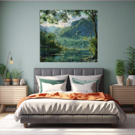 Forest lake landscape painting with wooded mountains and tall trees