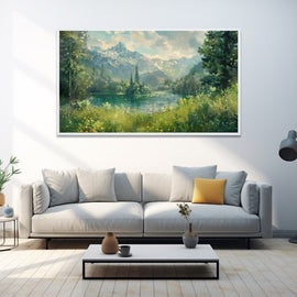 Painted mountain valley with an emerald lake, pine forest and flowering meadow