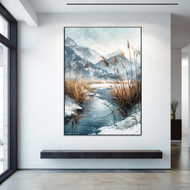 Watercolour winter landscape: a frozen stream, golden reeds and snow-capped mountains