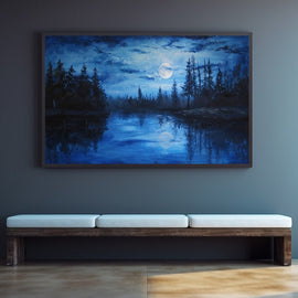 Full moon reflected on a still forest lake among dark pine trees