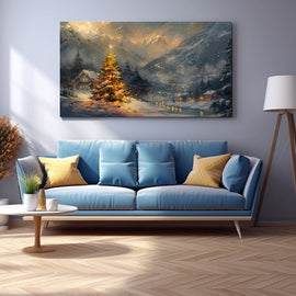 Golden lit Christmas tree in a snowy alpine village beneath glowing sunset mountain peaks