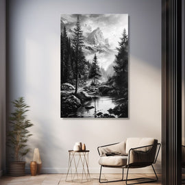 Black and white landscape of a forest stream below a misty snow-capped peak