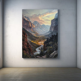 Painting of a sandstone canyon at dawn with a silver river winding toward distant mountain peaks