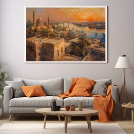 Sunset oil painting of an oriental city with domes, palms and a golden river