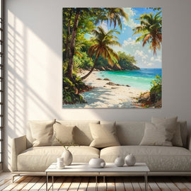 Tropical beach cove with palms, turquoise sea and white sand