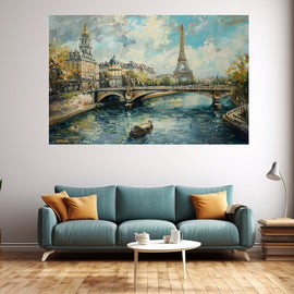 Impressionist Paris painting with the Eiffel Tower and Seine bridge