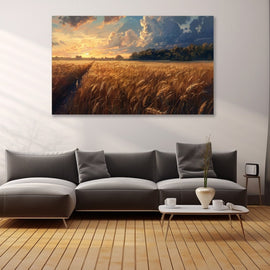 Golden wheat field at sunset with dramatic clouds