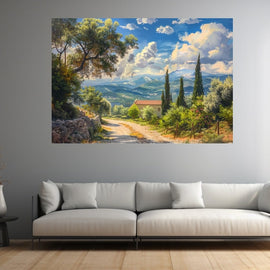 Sunlit Mediterranean countryside with a winding path, cypresses, a cottage and distant blue mountains
