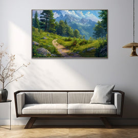 Painting of a winding path through a spring meadow toward misty snow-capped mountains