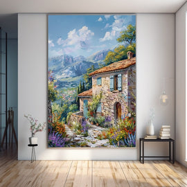 Painting of a Provence stone cottage with blue shutters and a flower garden