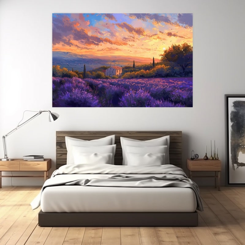 Provence lavender field beneath a fiery sunset with stone farmhouse