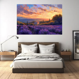 Provence lavender field beneath a fiery sunset with stone farmhouse