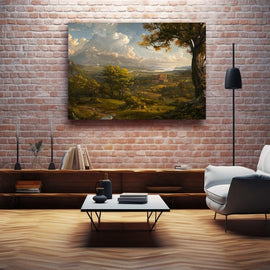Renaissance landscape of green valleys, mountains and castle ruins framed by a tree
