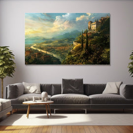 Italian Renaissance landscape with a hilltop villa, cypress trees and a winding river through a golden valley