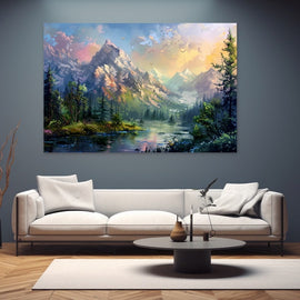Romantic mountain landscape with snow-capped peaks glowing pink and gold, forest and a calm river
