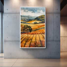 Watercolour rural landscape of amber ploughed fields with a lone tree and rolling hills