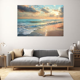 Sunrise seascape with turquoise waves and pastel sky over a wide beach