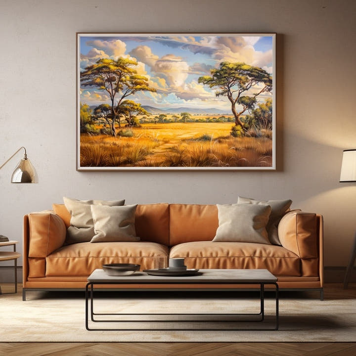 Painted savannah landscape with acacia trees, golden grasses and cloudy sky