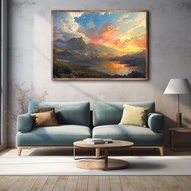 Mountain lake at sunset with coral and gold clouds reflected on still water
