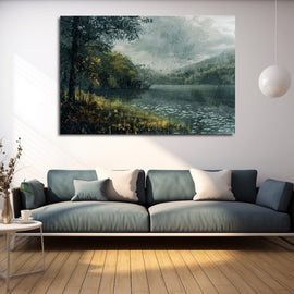 Painterly rainy lakeside with autumn trees and grey misted hills