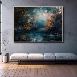 Textured woodland riverbank glowing amber against a black background