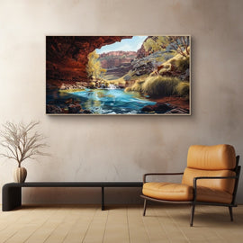 Surreal landscape painting of a red-rock cavern opening onto a turquoise gorge pool