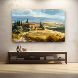 Tuscan landscape with stone farmhouse, cypress trees and golden hay fields under rolling hills