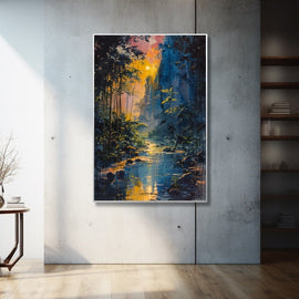 Tropical jungle stream at sunset with golden light reflections
