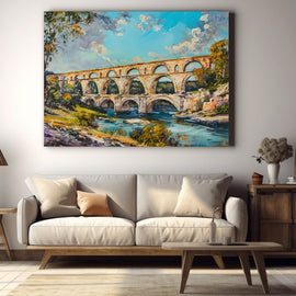 Palette-knife painting of a Roman aqueduct over a river