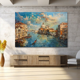 Venice Grand Canal with gondola gliding toward the domed basilica