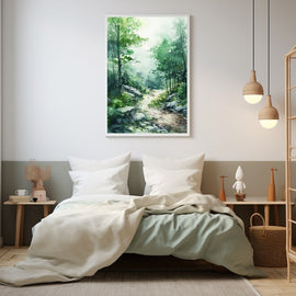 Misty watercolour woodland with a stony stream and feathery green foliage