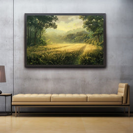 Sunlit golden meadow framed by woodland trees in soft morning light