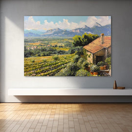 Provence vineyard landscape painting with stone farmhouse and blue mountains