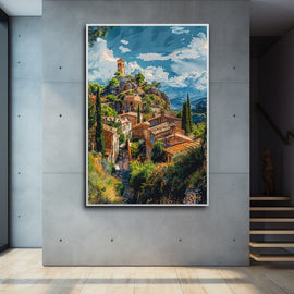 Perched hilltop village with bell tower and terracotta roofs under blue sky