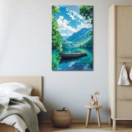 Zen landscape painting of a wooden boat on a calm emerald lake amid forested mountains