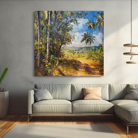 Australian outback woodland painting with palms, a red-earth trail and distant blue hills