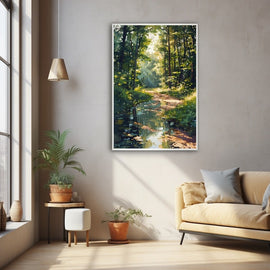 Sunlit summer forest stream and earthen path receding through layered green woodland