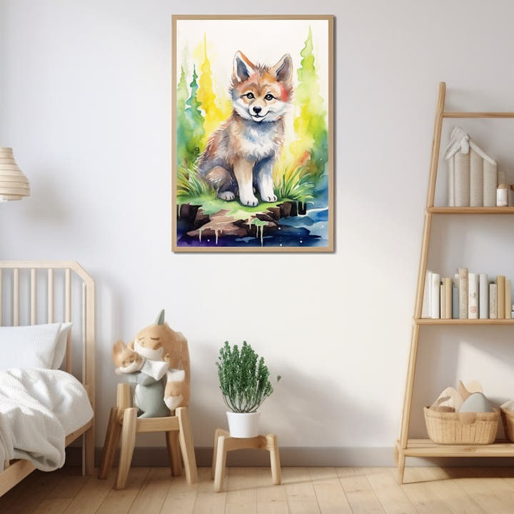 Watercolour wolf pup on a mossy ledge among yellow and green pine trees