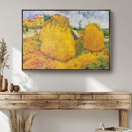 Van Gogh haystacks in a golden Provençal field under a blue sky