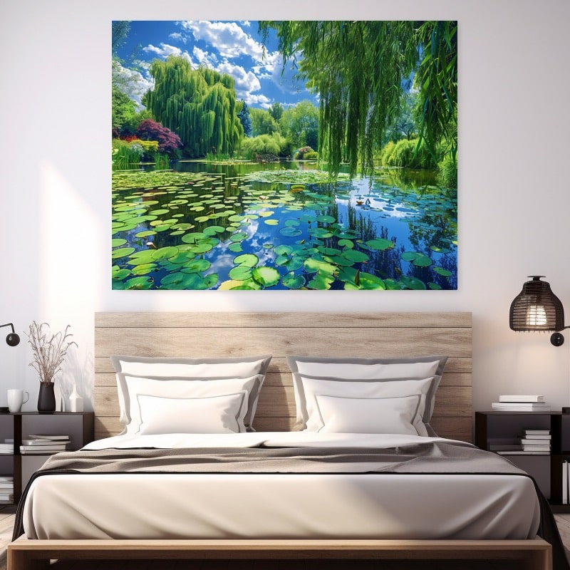 Realistic landscape painting of a willow-fringed lily pond under a blue summer sky