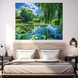 Realistic landscape painting of a willow-fringed lily pond under a blue summer sky