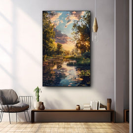 Realistic oil painting of a tranquil river through summer woods at golden hour with reflected sky